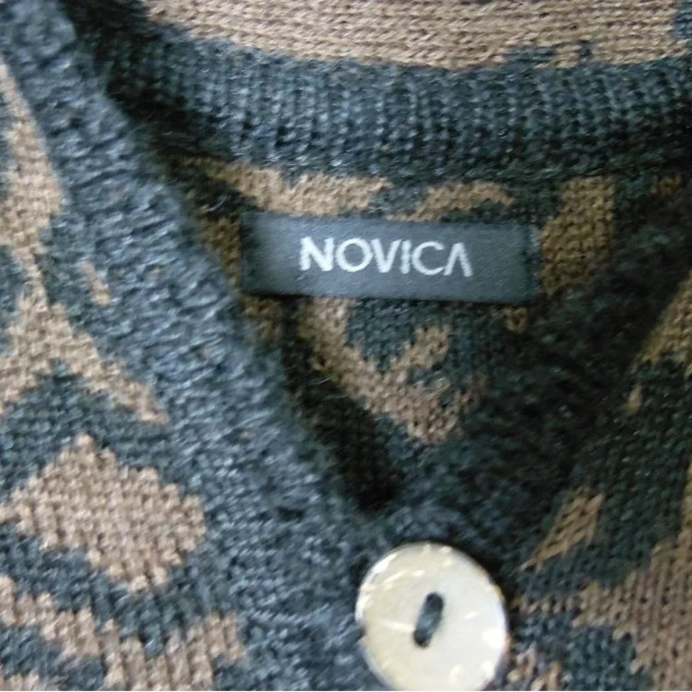 NOVICA Alpaca Ruana Button Front Poncho‎ Cloak Black Brown One Size Layering